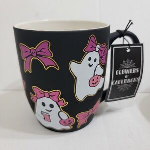 NEW! Cobwebs & Cauldrons Halloween Hot Pink Fashionista Ghosts Wit Bows Gold Mug